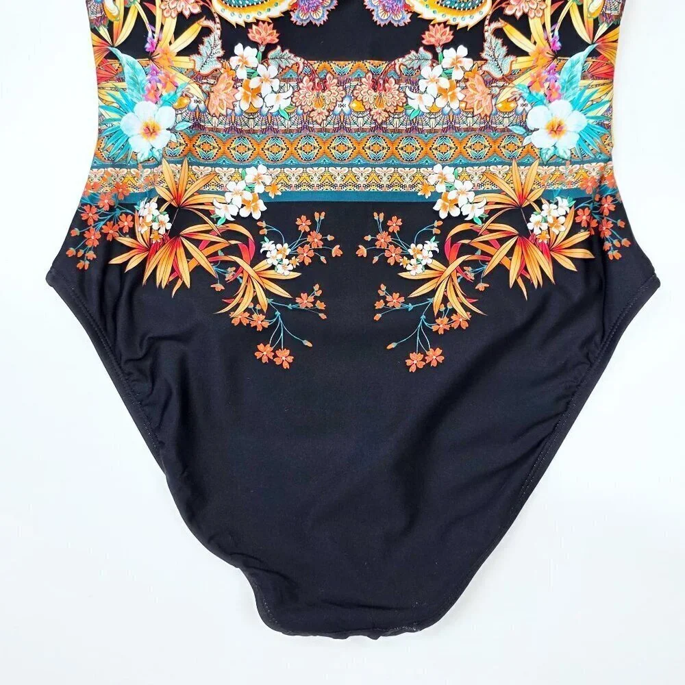 Kenneth Cole Off Shoulder Floral Tropical Stripe One Piece Swim Suit NEW - L - Picture 7 of 11